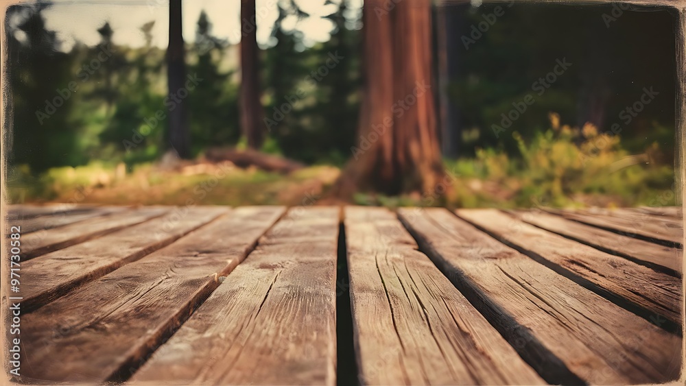 Image of front rustic wood boards and background of trees in forest. image is retro toned Image of front rustic wood boards and background of trees in forest. image is retro toned
