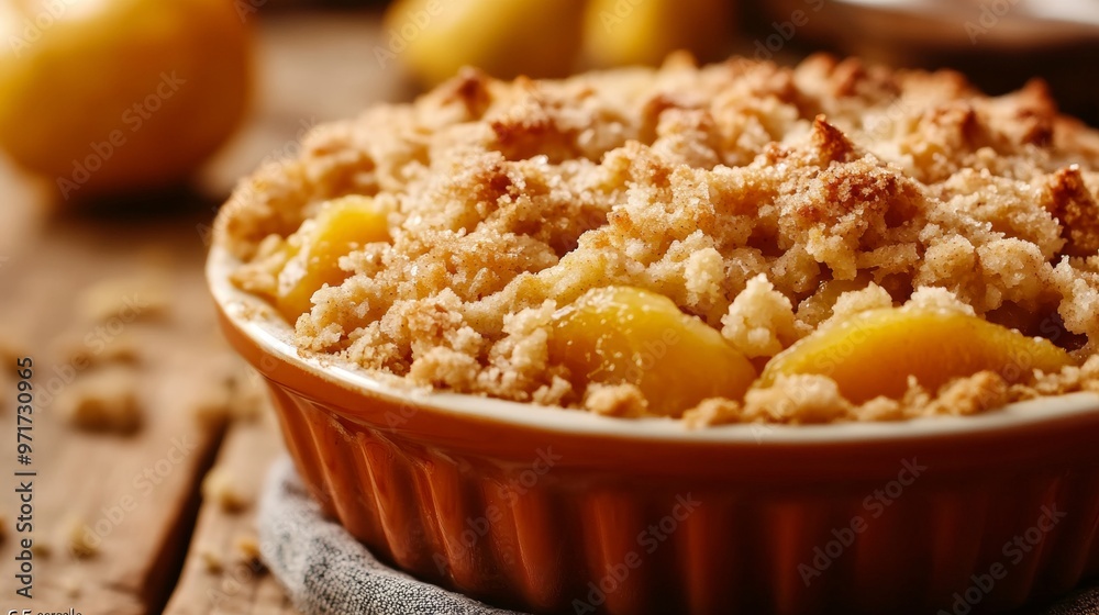 National cuisine of Great Britain: Quince crumble made from a mixture of flakes. National cuisine of Great Britain: Quince crumble made from a mixture of flakes.