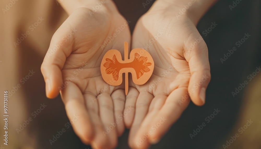 Hands holding a paper cutout shaped like kidney adrenal gland, raising awareness for adrenal health Hands holding a paper cutout shaped like kidney adrenal gland, raising awareness for adrenal health