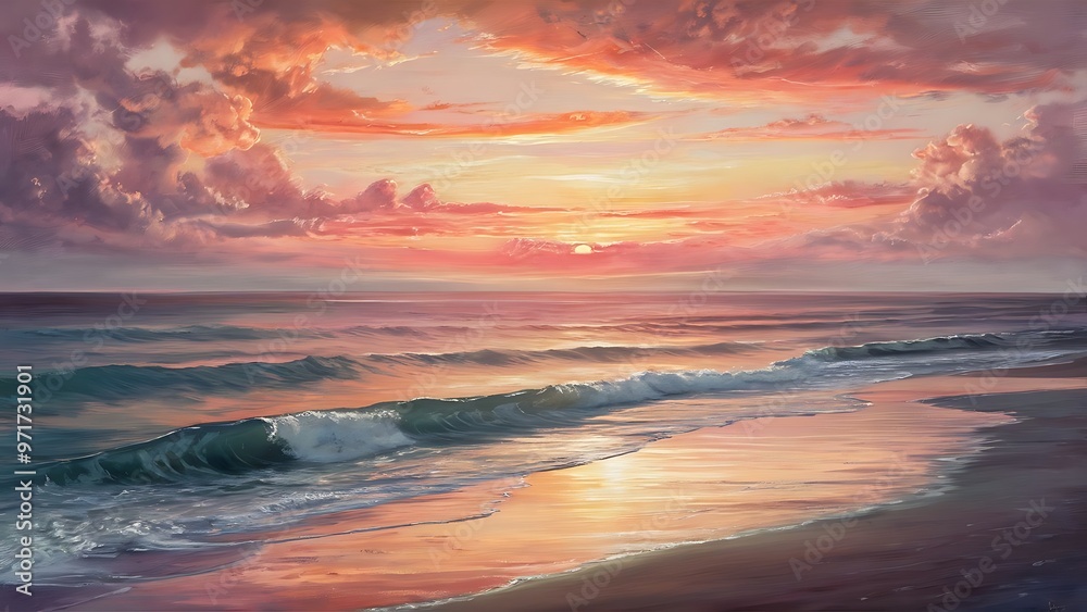 Sunset on the ocean. beautiful bright sky, reflection in water, waves.
