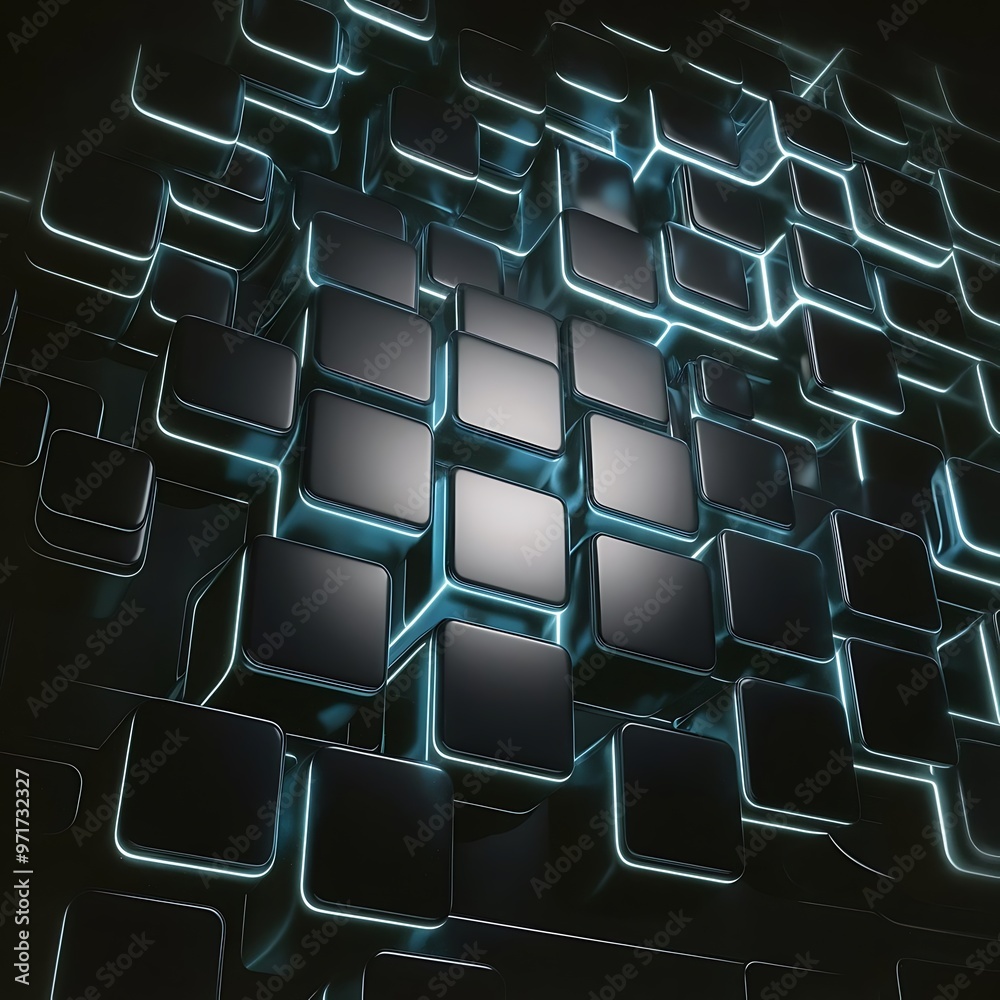 Obraz premium Glowing black and blue abstract squares background pattern 3D rendering