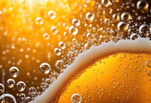 detailed close frothy beer bubbles clear glass highlighting texture effervescence beverage, amber, carbonation, cheers, clink, cold, condensation, craft photo