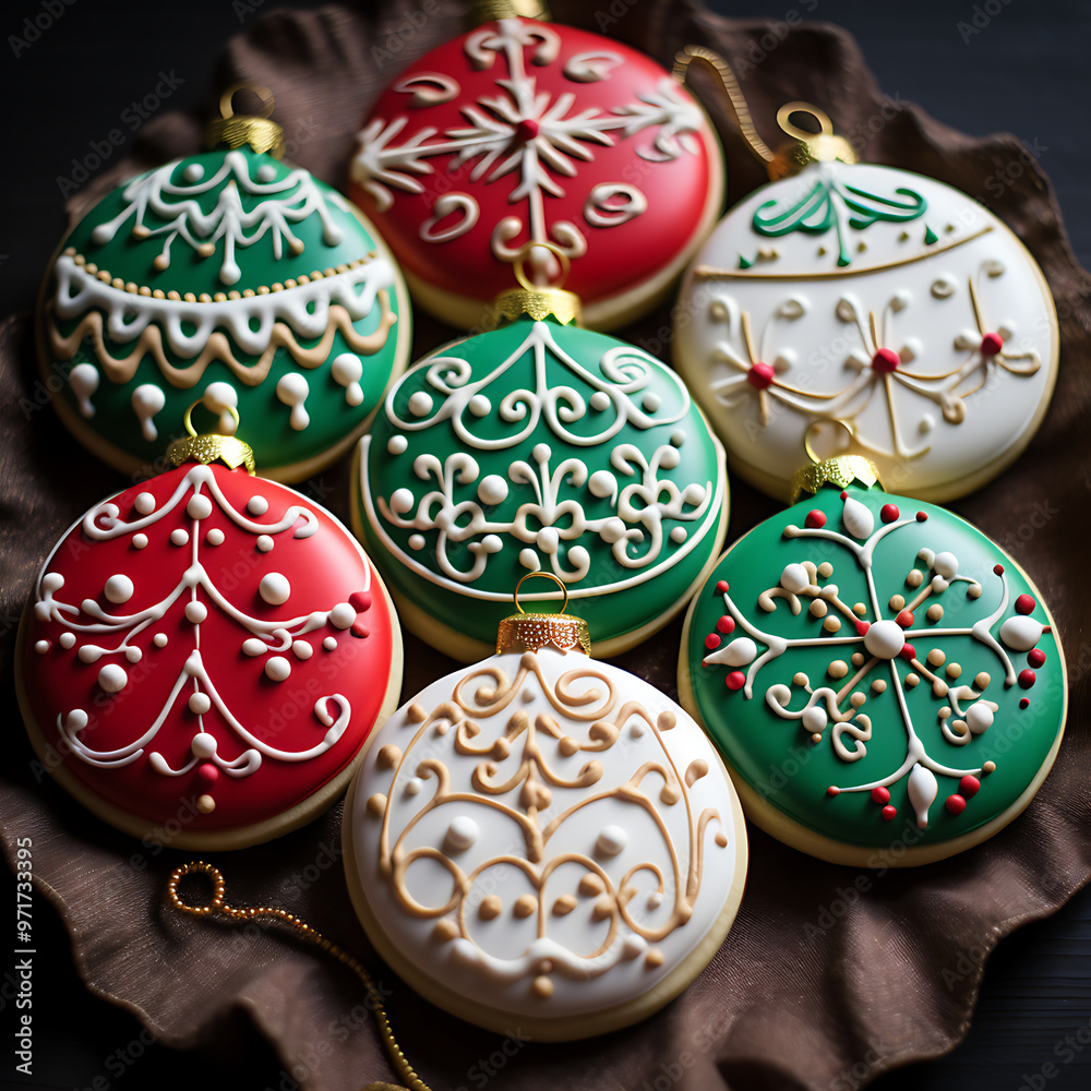 Christmas Ornament Cookies on a Brown Tablecloth Christmas Ornament Cookies on a Brown Tablecloth