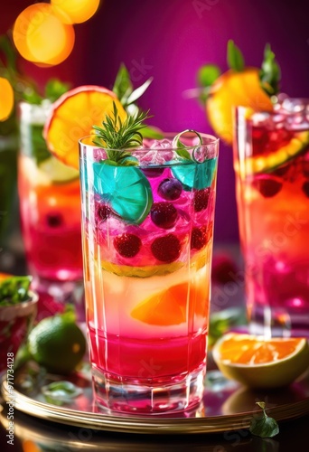 colorful beverage display bright backgrounds featuring variety drinks attractive glassware eye catching elements, cocktail, refreshment, ice, fruit, garnish