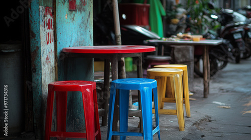 Wallpaper Mural "Plastic stool chair and table, often used in street food settings, featuring simple and durable designs suitable for casual dining." Torontodigital.ca