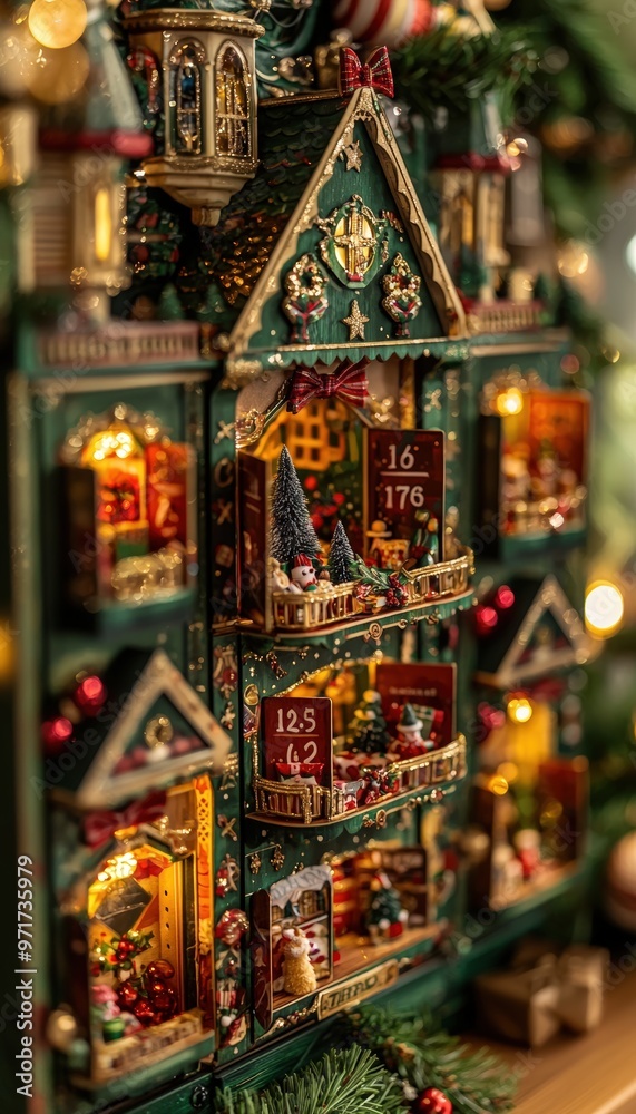 Fototapeta premium Intricately Designed Christmas Advent Calendar with Festive Decorations and Numbered Doors