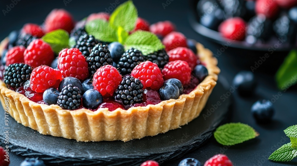 A delectable tart filled with an assortment of blackberries, raspberries, and cherries, decorated with fresh mint leaves, set against a dark kitchen surface with scattered fruits A delectable tart filled with an assortment of blackberries, raspberries, and cherries, decorated with fresh mint leaves, set against a dark kitchen surface with scattered fruits
