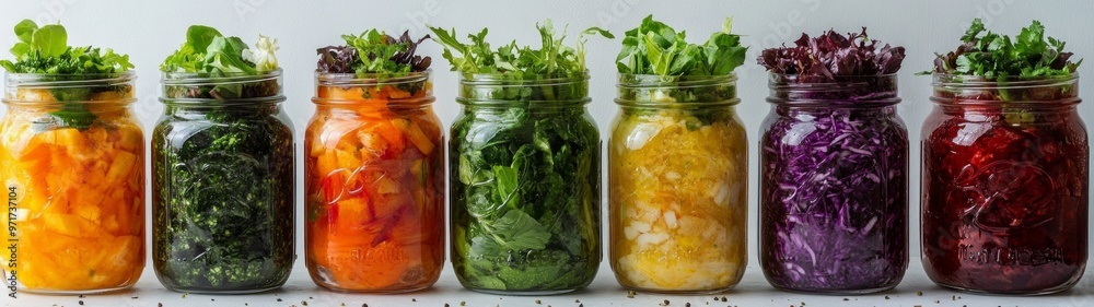 Vibrant Salad Jars Display, an array of colorful salad jars arranged for serving, showcasing fresh ingredients in a clean and simple presentation against a white background Vibrant Salad Jars Display, an array of colorful salad jars arranged for serving, showcasing fresh ingredients in a clean and simple presentation against a white background