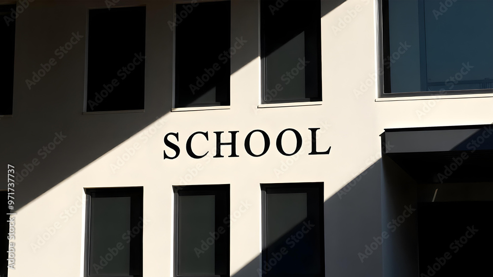4K modern school building in black and white colors with minimalistic lettering.
4K modern school building in black and white colors with minimalistic lettering.
