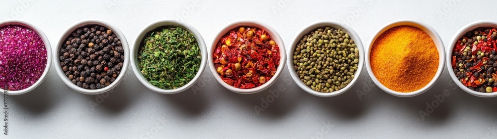 Vibrant Spice Medley, a full-body display of an array of colorful spices in small bowls arranged against a clean white background, highlighting their rich textures and hues. Vibrant Spice Medley, a full-body display of an array of colorful spices in small bowls arranged against a clean white background, highlighting their rich textures and hues.