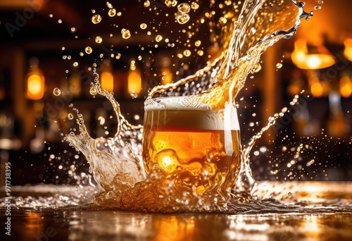 vibrant beer explosion captured lively glass display bubbling foam rich amber colors, liquid, beverage, carbonated, drink, frothy, golden, pub, party