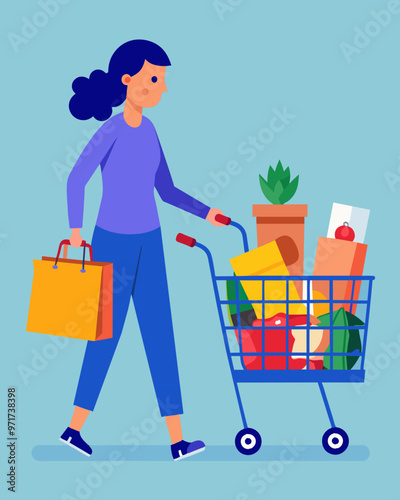 A shopper dividing their groceries into two carts one for items on sale and one for items at regular price.. Vector illustration