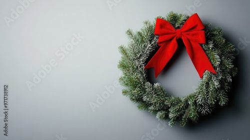 An evergreen wreath adorned with a bright red bow and berries hangs on a plain wall, creating a warm and festive atmosphere perfect for the holiday season photo