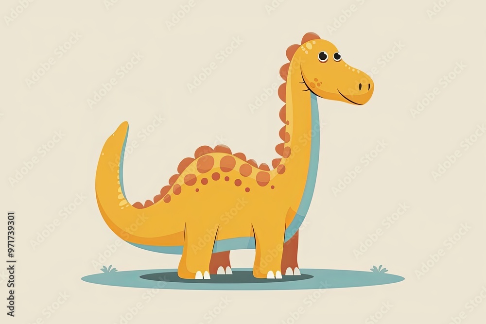 Smiling cartoon orange dinosaur with spots and a long neck standing on a grassy patch on a light beige background Smiling cartoon orange dinosaur with spots and a long neck standing on a grassy patch on a light beige background