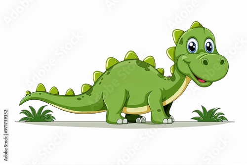 Cute baby dinosaur illustration with big eyes and green skin, featuring a long tail and friendly expression