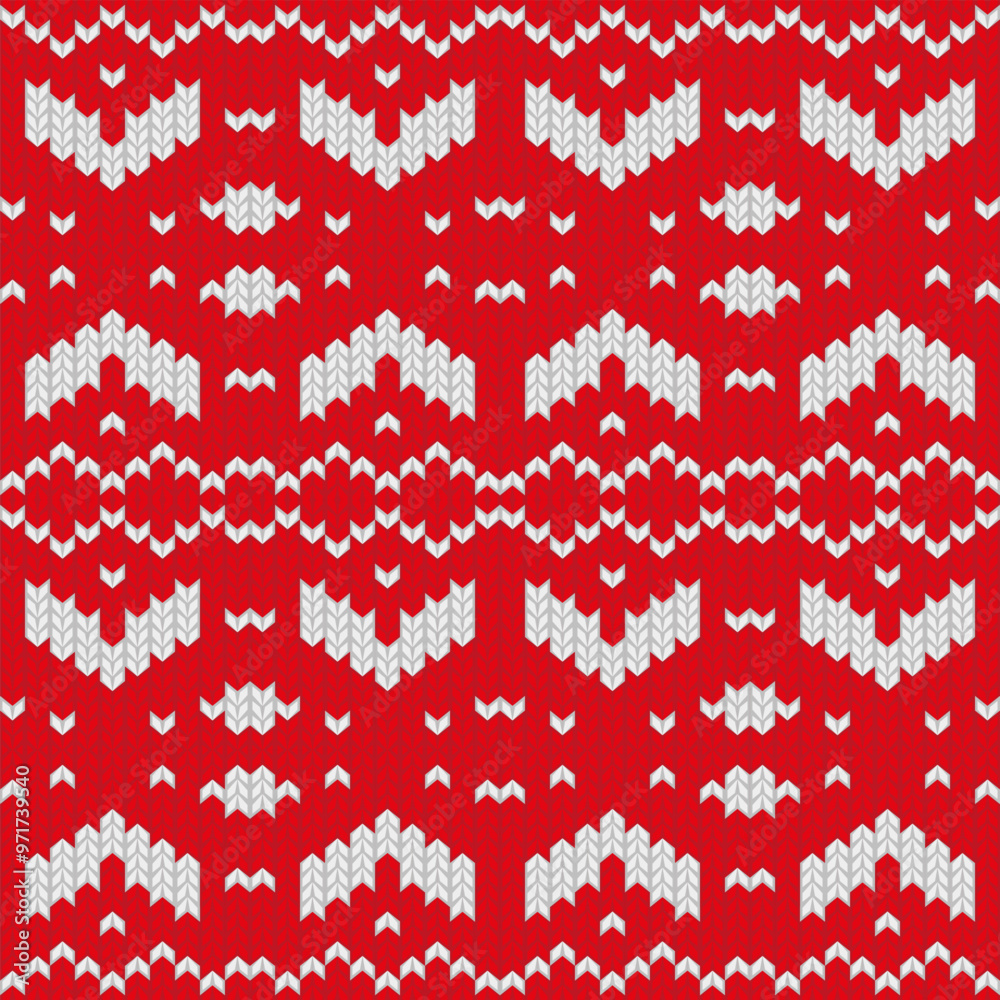 Knitted ornament Christmas ugly sweater seamless pattern design for unisex wear, printable cards, party posters, banners, sublimation. Vector illustration EPS10. Red and white colors. Knitted ornament Christmas ugly sweater seamless pattern design for unisex wear, printable cards, party posters, banners, sublimation. Vector illustration EPS10. Red and white colors.