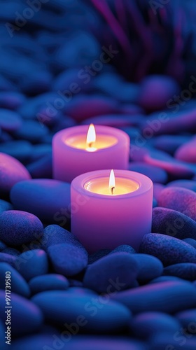 Candles Set Amidst a Bed of Luminous Phosphorescent Stones in Darkness photo