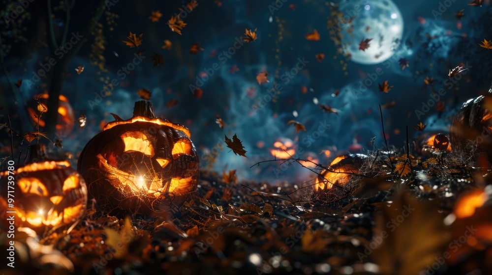 A spooky, moonlit pumpkin patch with glowing jack-oa??-lanterns and swirling autumn leaves
