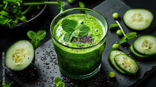 Green smoothie with fresh ingredients, vibrant and healthy, Culinary, Bright greens, Photograph, Refreshing drink