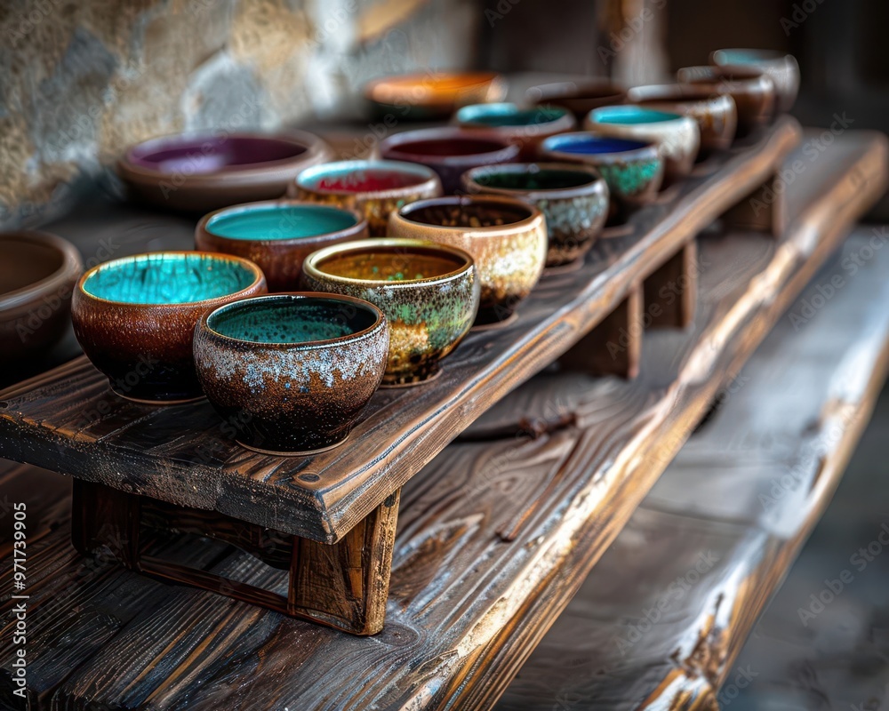 Handcrafted pottery on display, artistic and rustic, Artisan, Soft tones, Photograph, Handmade art Handcrafted pottery on display, artistic and rustic, Artisan, Soft tones, Photograph, Handmade art