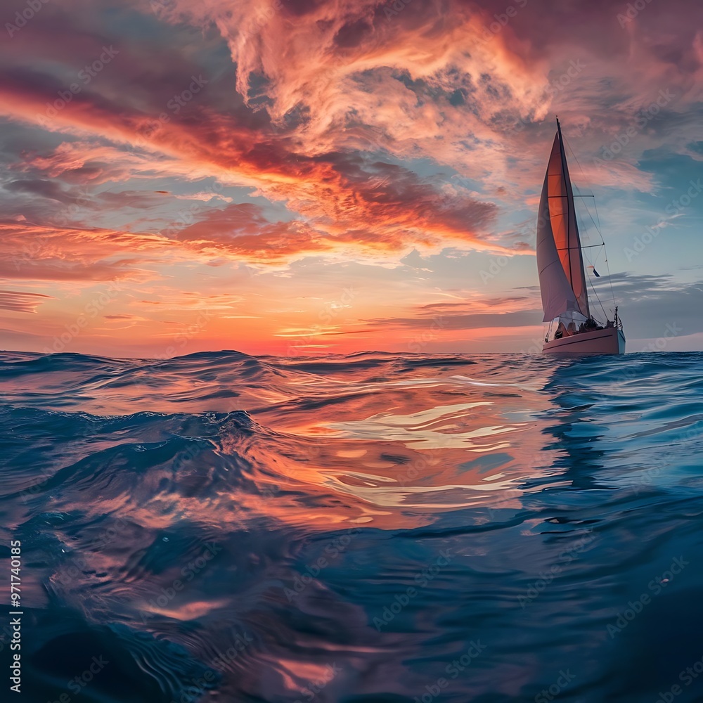 Fototapeta premium Sunset on the ocean. beautiful bright sky, reflection in water, waves.