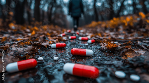 blurred figure in the background, with various pills scattered on the ground, evokes themes of addiction, mental health, and crisis, symbolizing struggles, vulnerability, and the consequences of subst photo