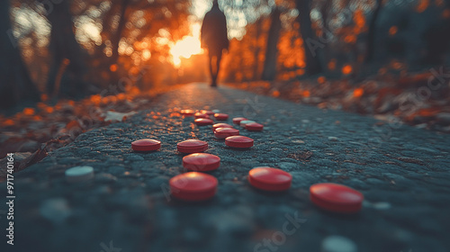 blurred figure in the background, with various pills scattered on the ground, evokes themes of addiction, mental health, and crisis, symbolizing struggles, vulnerability, and the consequences of subst photo