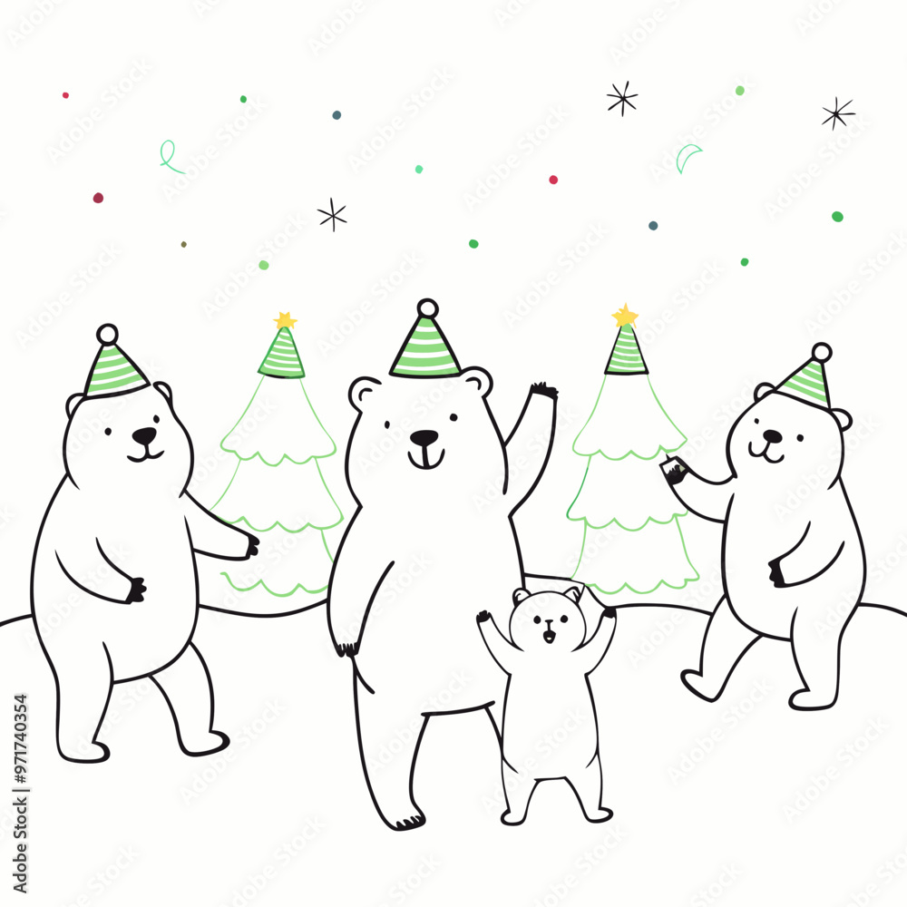 Three playful bears and a baby bear wearing party hats celebrating Christmas surrounded by Christmas trees
Three playful bears and a baby bear wearing party hats celebrating Christmas surrounded by Christmas trees
