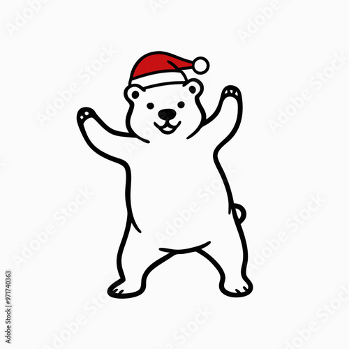 Happy polar bear in a Santa hat celebrating on a white background with copy space

