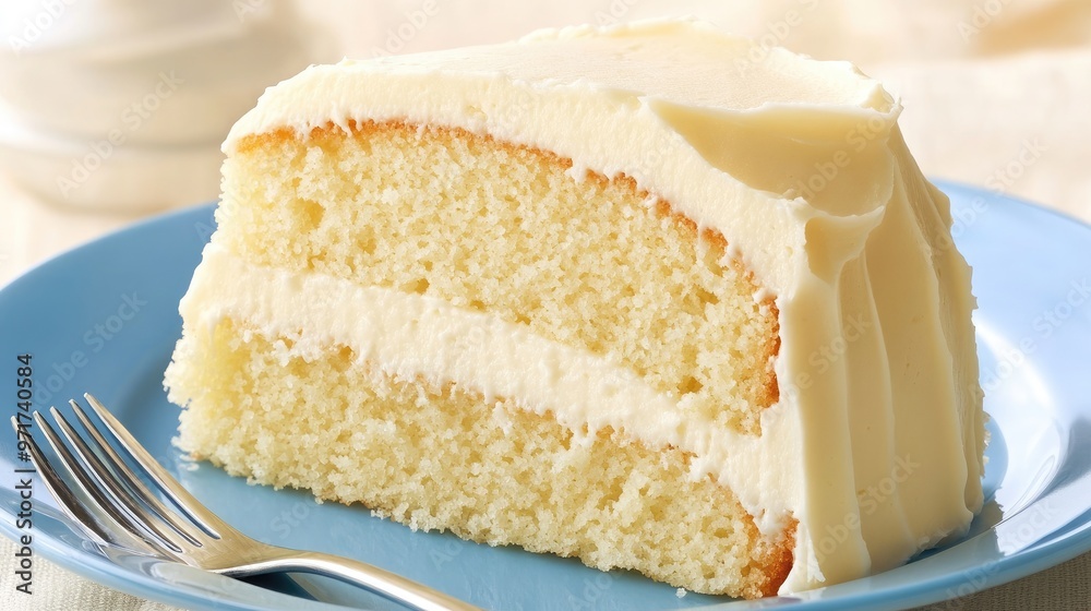 A slice of moist vanilla cake layered with rich creamy frosting is presented on a blue plate, ready to be enjoyed in a warm kitchen environment. A slice of moist vanilla cake layered with rich creamy frosting is presented on a blue plate, ready to be enjoyed in a warm kitchen environment.