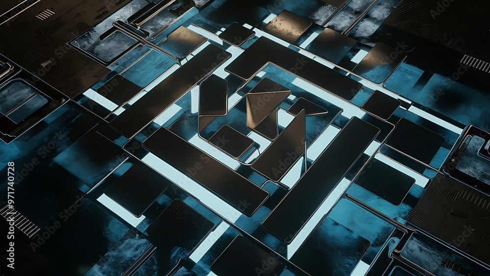 Obraz premium Glowing black and blue abstract squares background pattern 3D rendering