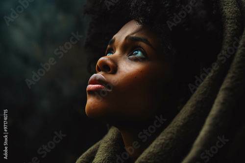 Biblical character. Close up portrait of a black woman with a shawl looking up.
