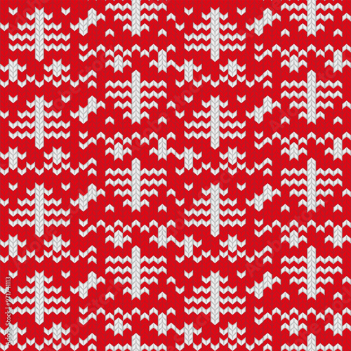 Knitted ornament Christmas ugly sweater seamless pattern design for unisex wear, printable cards, party posters, banners, sublimation. Vector illustration EPS10. Red and white colors.