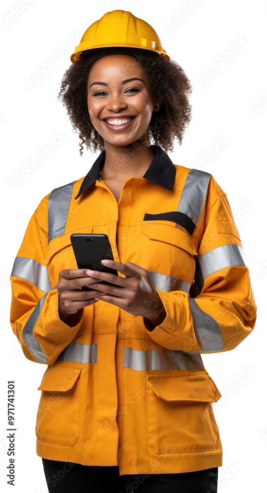 Black woman holding phone portrait hardhat helmet. Black woman holding phone portrait hardhat helmet.