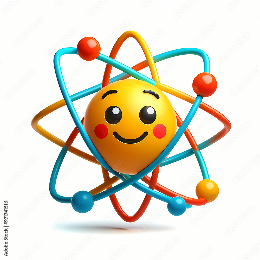 Colorful atom icon with a lively face isolated on white background, atom emoji or sticker, ideal for science-related designs, educational content, and fun learning illustrations. Colorful atom icon with a lively face isolated on white background, atom emoji or sticker, ideal for science-related designs, educational content, and fun learning illustrations.
