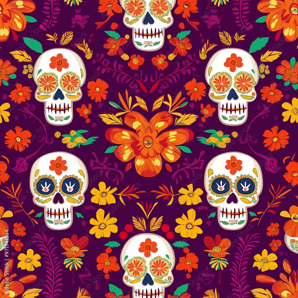 El Día de Muertos themed pattern background, skull decoration for Day of the Dead El Día de Muertos themed pattern background, skull decoration for Day of the Dead