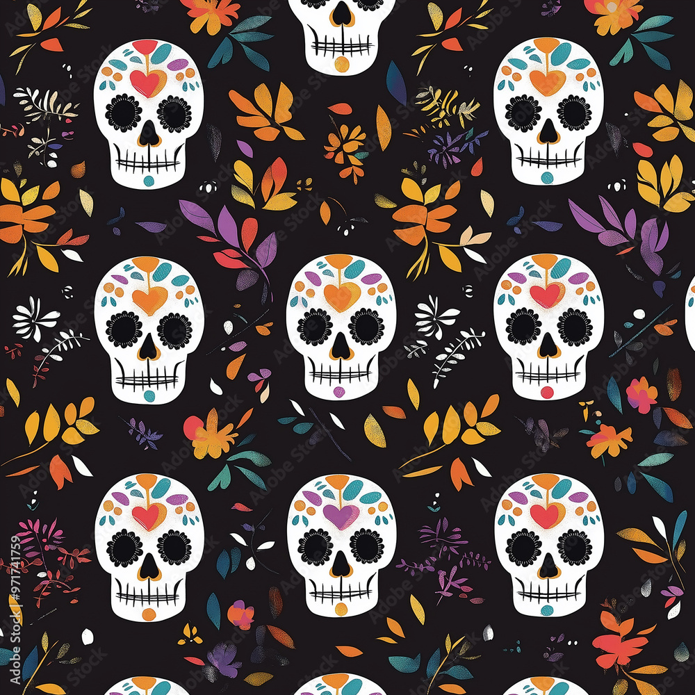 El Día de Muertos themed pattern background, skull decoration for Day of the Dead El Día de Muertos themed pattern background, skull decoration for Day of the Dead