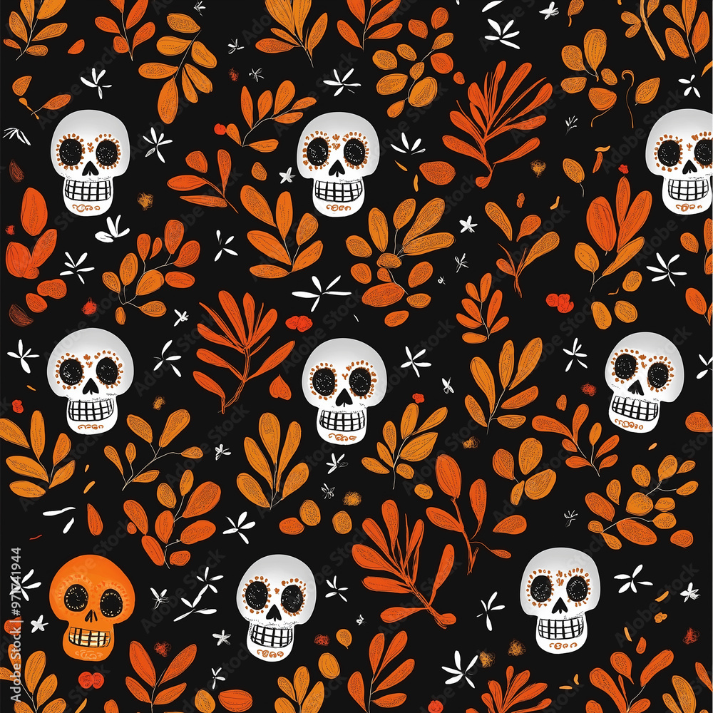 El Día de Muertos themed pattern background, skull decoration for Day of the Dead El Día de Muertos themed pattern background, skull decoration for Day of the Dead