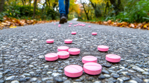 blurred figure in the background, with various pills scattered on the ground, evokes themes of addiction, mental health, and crisis, symbolizing struggles, vulnerability, and the consequences of subst photo