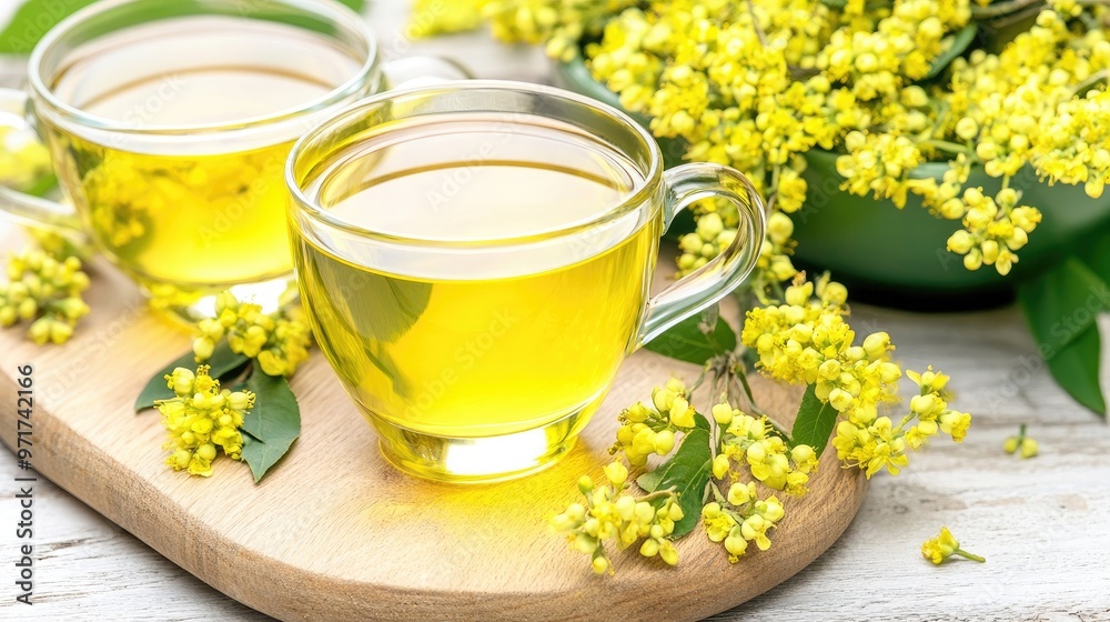A glass filled with a bright yellow drink is placed next to large yellow flowers and petals on a wooden surface, surrounded by lush green foliage in a sunny garden A glass filled with a bright yellow drink is placed next to large yellow flowers and petals on a wooden surface, surrounded by lush green foliage in a sunny garden