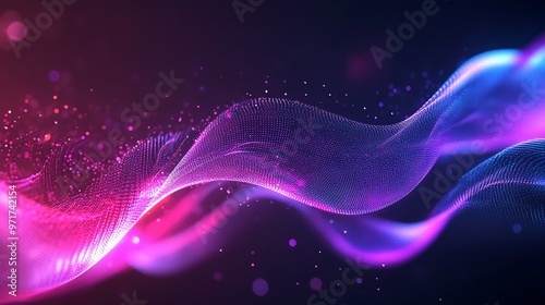An abstract background with a flowing wave of particles in pink and blue.