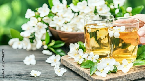 A glass filled with a bright yellow drink is placed next to large yellow flowers and petals on a wooden surface, surrounded by lush green foliage in a sunny garden