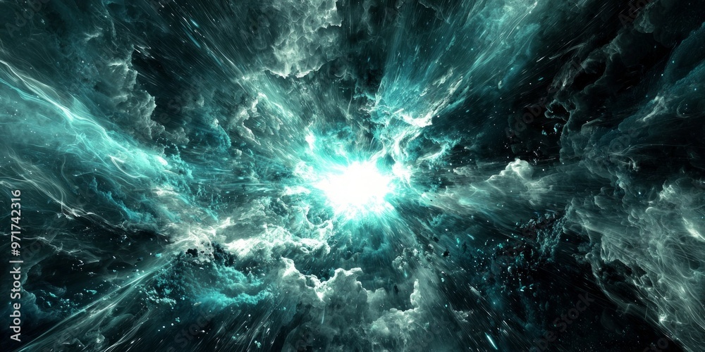 In a captivating display, turquoise particles explode from a glowing core, shooting outward and forming a radiant wave of ethereal light, evoking the depths of the cosmos.