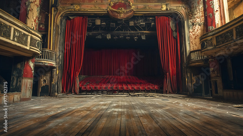 Empty 1920s vaudeville theater stage – A grand but abandoned vaudeville stage, with tattered red curtains, broken wooden floors, and empty seats staring back