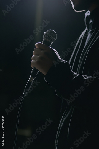 a handsome young man singing into a microphone, a portrait.