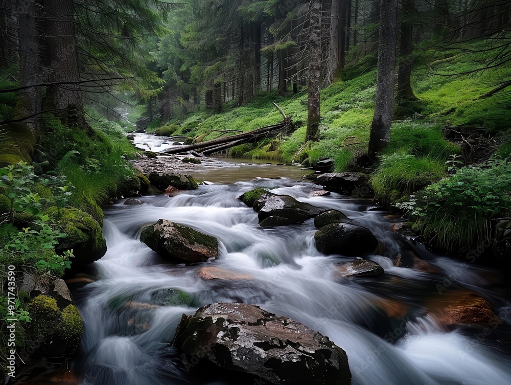 Obraz premium River flowing through a forest, serene and expansive, Nature, Soft greens, Photograph, Natural wonder