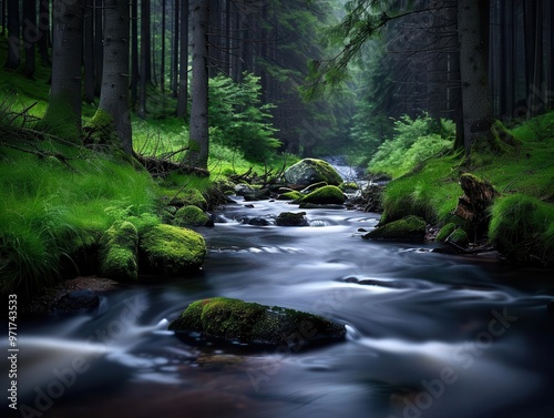 River flowing through a forest, serene and expansive, Nature, Soft greens, Photograph, Natural wonder