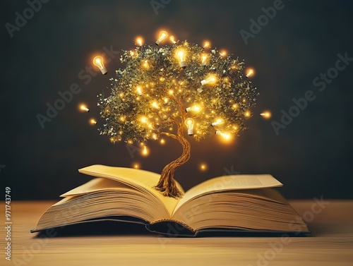 Tree with light bulbs growing from an open book