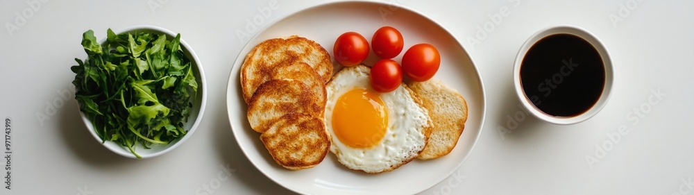 Breakfast Delight, an enticing arrangement of a full plate featuring golden pancakes, crispy bacon, fresh fruits, and eggs, presented against a clean white backdrop. Breakfast Delight, an enticing arrangement of a full plate featuring golden pancakes, crispy bacon, fresh fruits, and eggs, presented against a clean white backdrop.