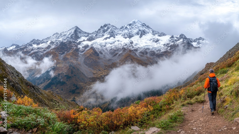 A hiker wearing an orange jacket treks through a lush valley filled with yellow wildflowers, surrounded by towering mountains under a gray sky A hiker wearing an orange jacket treks through a lush valley filled with yellow wildflowers, surrounded by towering mountains under a gray sky